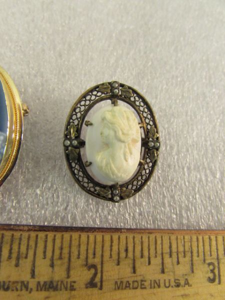 ANTIQUE CORAL CAMEO & 2ND PRETTY BLACK AGATE  CAMEO IN 14K GOLD FRAME