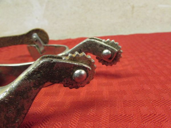 PAIR OF SPURS WITH LEATHER STRAPS & 3/4 ROWELS