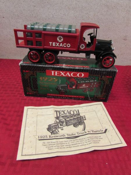 TEXACO 1924 KENWORTH STAKE TRUCK BANK - METAL W/ BOX & MONEY