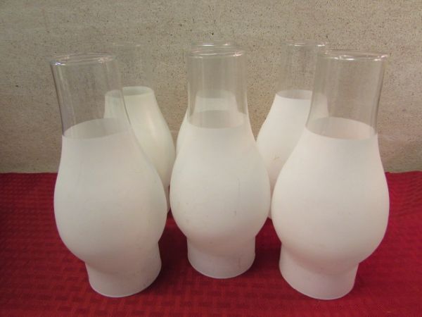 SIX MATCHING FROSTED HURRICANE LAMP CHIMNEYS