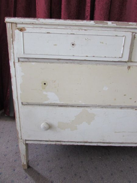 VINTAGE RUSTIC ALL WOOD FOUR DRAWER DRESSER - MIRROR AVAILABLE ON LOT 172
