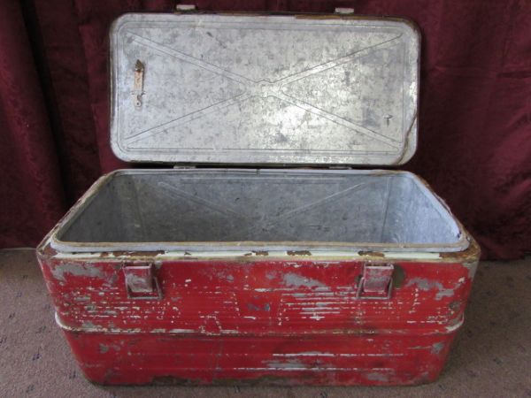 VINTAGE METAL ICE CHEST. STANLEY ELECTRIC PLAQUE, SHEARS & MORE