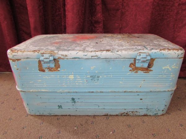 VINTAGE METAL ICE CHEST. STANLEY ELECTRIC PLAQUE, SHEARS & MORE