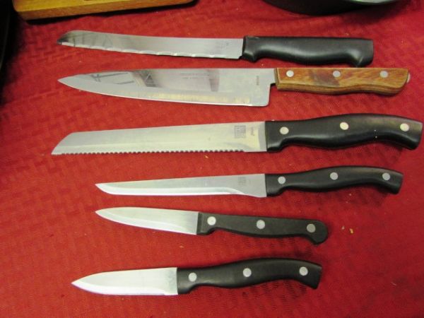 KNIVES, & KNIFE BLOCK W/ BREAD BOARD & UTENSIL RACK, HOT SERVE PLATES WITH WALNUT TRAYS & MORE
