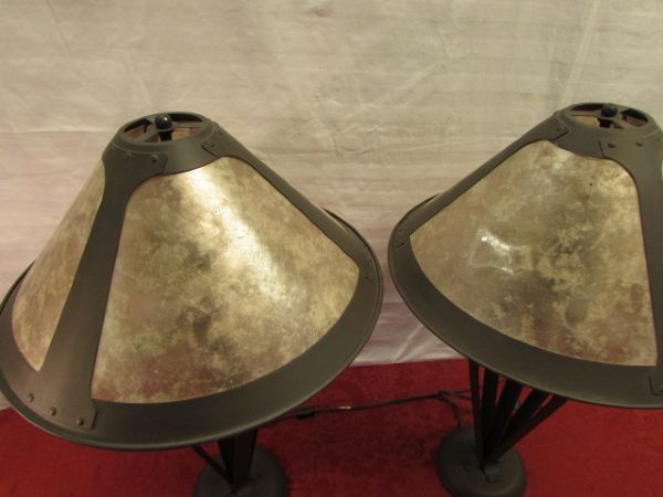 A PAIR OF BEAUTIFUL WROUGHT IRON TABLE LAMPS WITH MICAH SHADES 