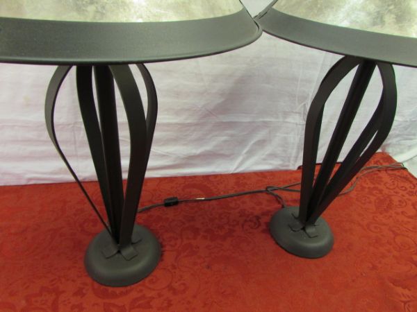 A PAIR OF BEAUTIFUL WROUGHT IRON TABLE LAMPS WITH MICAH SHADES 