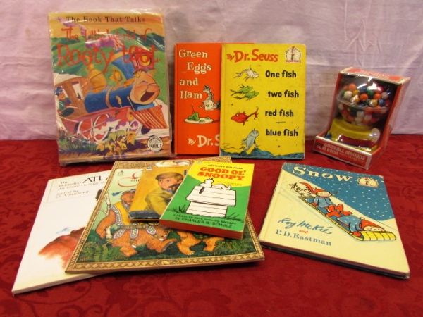 VINTAGE CHILDREN'S BOOKS - TALKING, DR. SEUSS, LASSIE & MORE PLUS GUMBALL MACHINE COIN BANK!