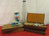FIVE RUSTIC BOXES WITH MISC. HARDWARE, VINTAGE GLASS FUSES, POP RIVETER, RIVETS & LEVEL RULE