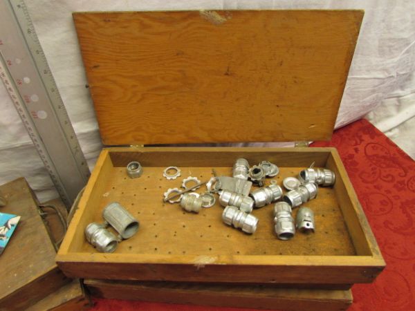 FIVE RUSTIC BOXES WITH MISC. HARDWARE, VINTAGE GLASS FUSES, POP RIVETER, RIVETS & LEVEL RULE