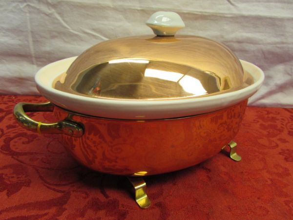 BEAUTIFUL NEW COOKTIME COPPER WARE CERAMIC CASSEROLE DISH WITH SOLID COPPER HOLDER