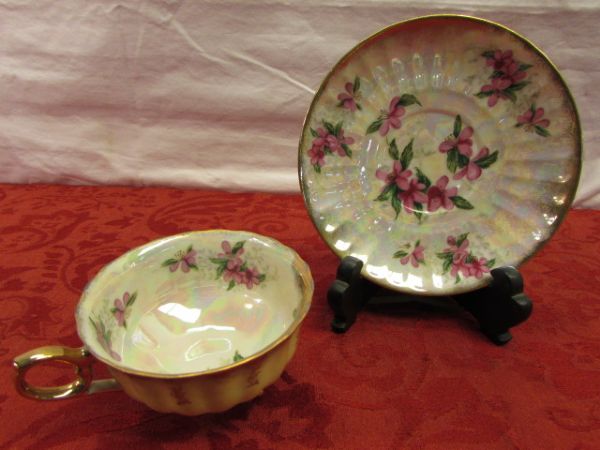 THREE GORGEOUS VINTAGE CHINA TEA CUPS WITH SAUCERS & A CREAMER