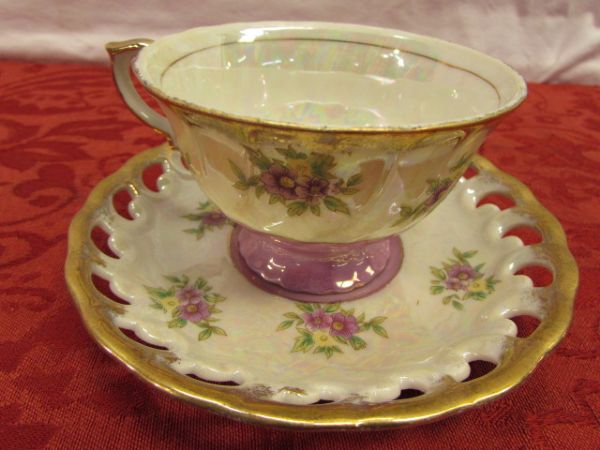 THREE GORGEOUS VINTAGE CHINA TEA CUPS WITH SAUCERS & A CREAMER