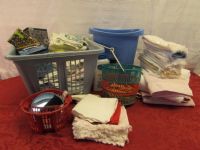 LAUNDRY BASKET FULL OF TOWELS, WASTE BASKET, CLOTHESPINS IN A CADDY & MORE