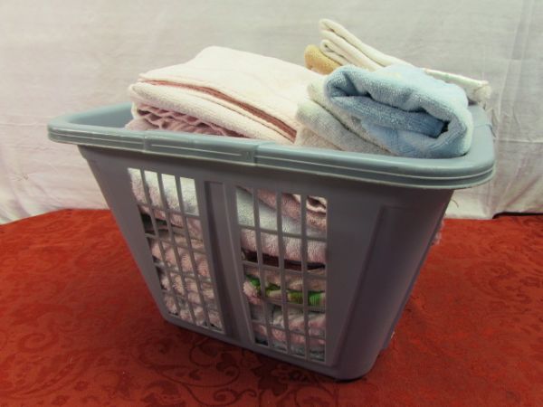 LAUNDRY BASKET FULL OF TOWELS, WASTE BASKET, CLOTHESPINS IN A CADDY & MORE