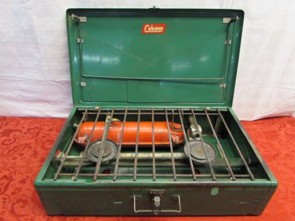 VINTAGE COLEMAN!  TWO WATER JUGS & A CAMP STOVE