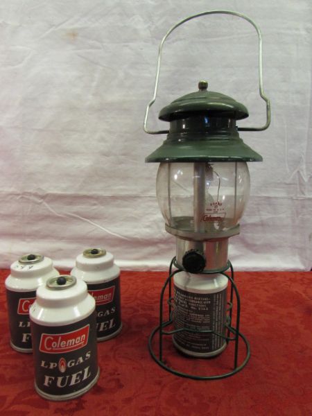 VINTAGE COLEMAN LANTERN WITH PYREX GLOBE & 3 FUEL REFILLS