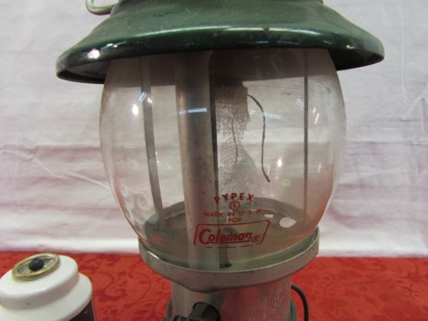 VINTAGE COLEMAN LANTERN WITH PYREX GLOBE & 3 FUEL REFILLS