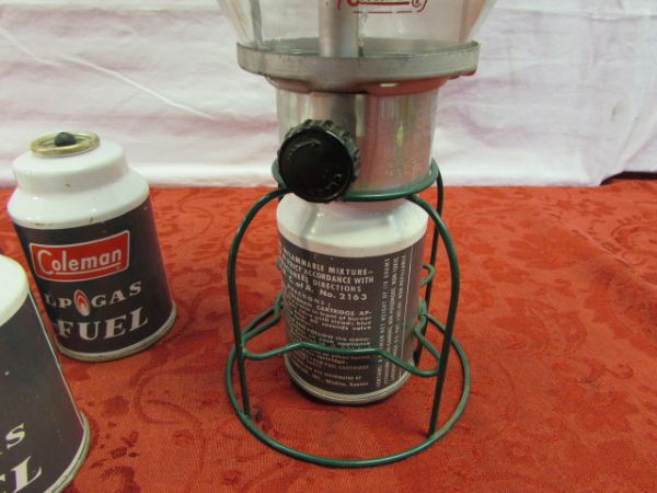 VINTAGE COLEMAN LANTERN WITH PYREX GLOBE & 3 FUEL REFILLS