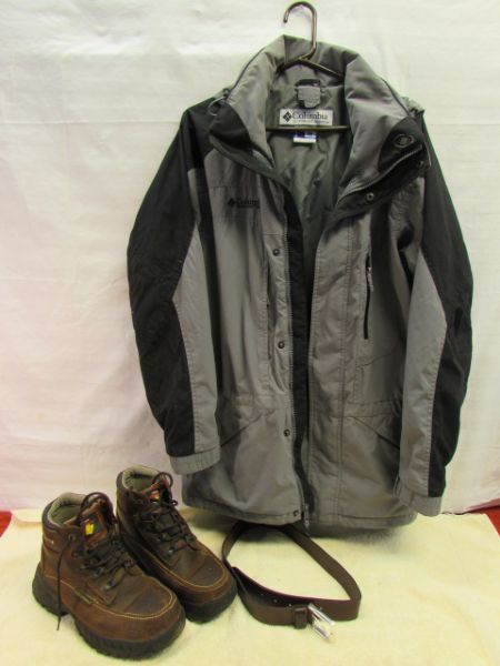 TAKE A HIKE - MEN'S LEATHER HIKING BOOTS, COLUMBIA JACKET & LEATHER BELT 