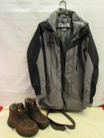 TAKE A HIKE - MENS LEATHER HIKING BOOTS, COLUMBIA JACKET & LEATHER BELT 