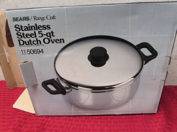 NEVER USED IN THE BOX, STAINLESS STEEL 5 QT. DUTCH OVEN