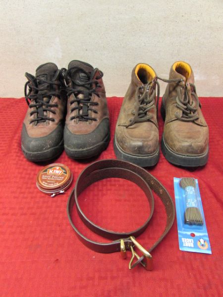 TWO PAIR OF LEATHER HIKING/WORK BOOTS, LEATHER BELT, BOOT LACES 7 POLISH