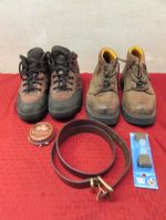 TWO PAIR OF LEATHER HIKING/WORK BOOTS, LEATHER BELT, BOOT LACES 7 POLISH