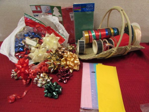 A BAG OF BOWS, A BASKET OF RIBBON, TISSUE PAPER & MORE