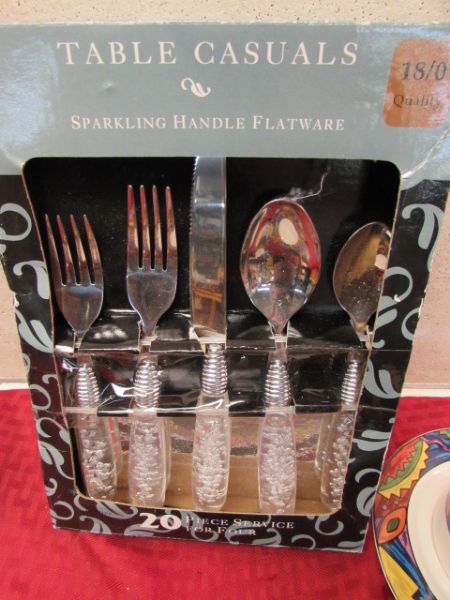 COLORFUL AZTEC STYLE DISHWARE & NEW SPARKLING HANDLE FLATWARE