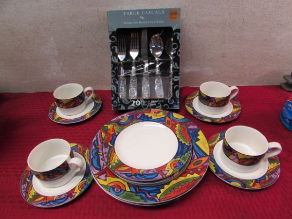 COLORFUL AZTEC STYLE DISHWARE & NEW SPARKLING HANDLE FLATWARE