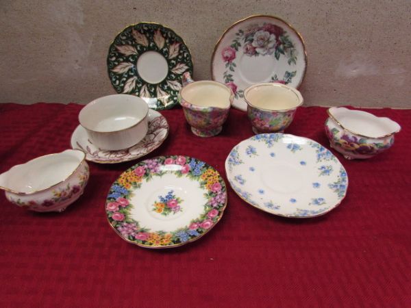 MADE IN ENGLAND FINE FLORAL PATTERN BONE CHINA  TEACUP, PLATES CREAMER & SUGAR BOWL & MORE 