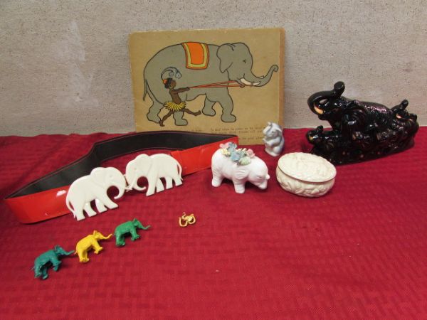 PARADE OF ELEPHANTS, PIN CUSHION, LENOX KEEPSAKE DISH, ANTIQUE BOARD BOOK PAGE WITH POEM & MORE