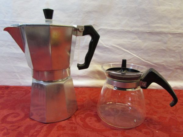 VINTAGE COFFEE COLLECTIBLES - MAXWELL HOUSE MUGS, THERMOMETER, PERCOLATOR & MORE