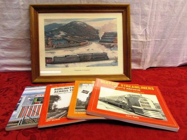 VINTAGE COLLECTIBLE PENNSYLVANIA RAILROAD CALENDAR PRINT & 4 TRAIN THEMED BOOKS 