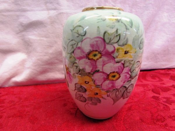 COLLECTION OF  NICE VINTAGE ITEMS INCLUDES DERPESSION GLASS  HAND PAINTED NIPPON VASE, MILK SLAG GLASS, MARBLE & MORE