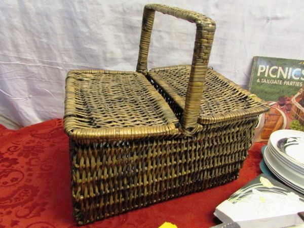 PICNIC TIME!  NICE PICNIC BASKET FULL OF REUSABLE & DISPOSABLE PICNIC SUPPLIES & A BOOK FOR INSPIRATION