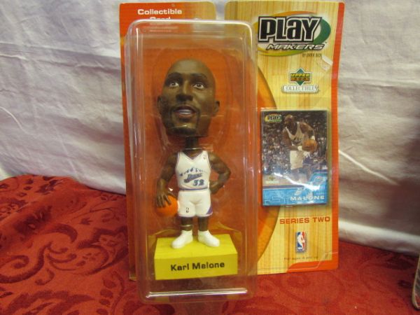 THREE NEW IN BOX PLAY MAKERS BOBBLE HEADS WITH COLLECTIBLE CARDS - BASEBALL & BASKETBALL