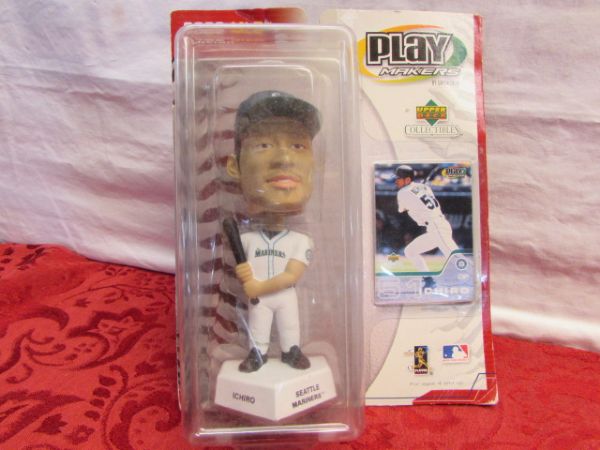 THREE NEW IN BOX PLAY MAKERS BOBBLE HEADS WITH COLLECTIBLE CARDS - BASEBALL & BASKETBALL