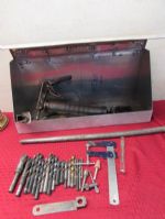CUSTOM MADE TRUCK TOOL BOX WITH GREASE GUN, DRILL BITS & MORE