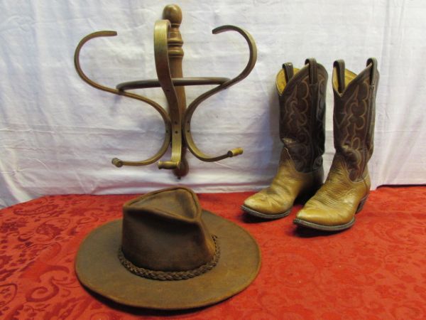 A LITTLE BIT COUNTRY - TONY LAMA BOOTS, LEATHER COWBOY HAT & WOOD HAT RACK