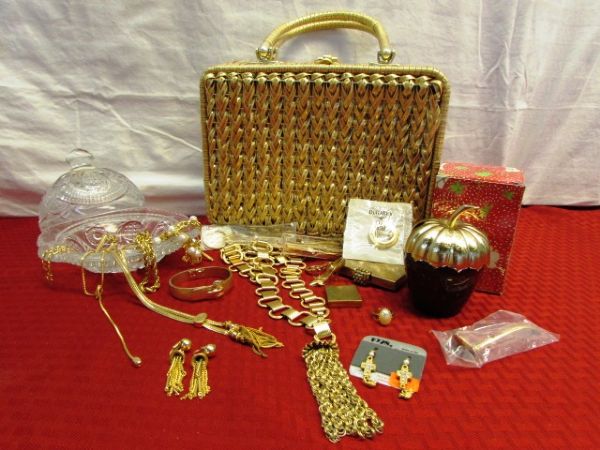 VINTAGE ELEGANCE -  COVERED CRYSTAL DISH, WOVEN HAND BAG, JEWELRY, AVON & MORE