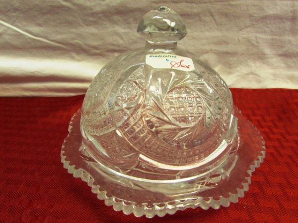 VINTAGE ELEGANCE -  COVERED CRYSTAL DISH, WOVEN HAND BAG, JEWELRY, AVON & MORE