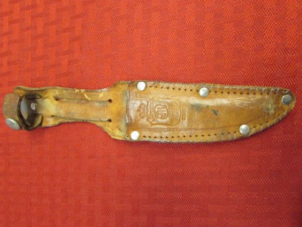 VINTAGE FRED MACOVERLAND BONE HANDLE STAG KNIFE WITH LEATHER SHEATH