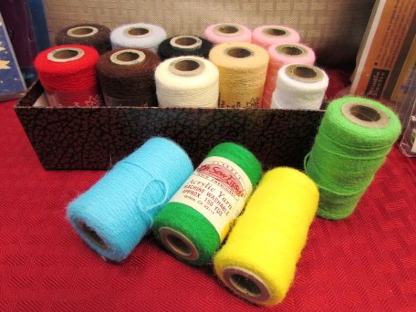 THREAD BOX WITH WOODEN SPOOL THREAD, YARN, EMBROIDERY KITS RIBBON, ROSES & . . .