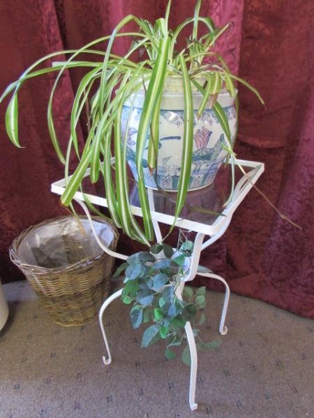 WANTED: HOME FOR TWO HOUSE PLANTS IN PRETTY POTS & A WROUGHT IRON PLANT TABLE 