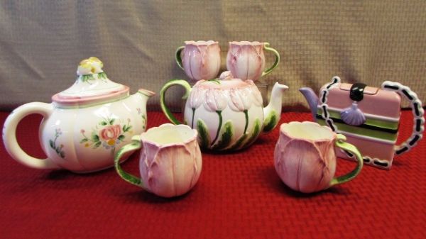 TEA & TULIPS - VINTAGE MANN TEAPOT WITH 4 TULIP CUPS, UNIQUE PURSE SHAPED TEA POT & BUNNY TEA POT