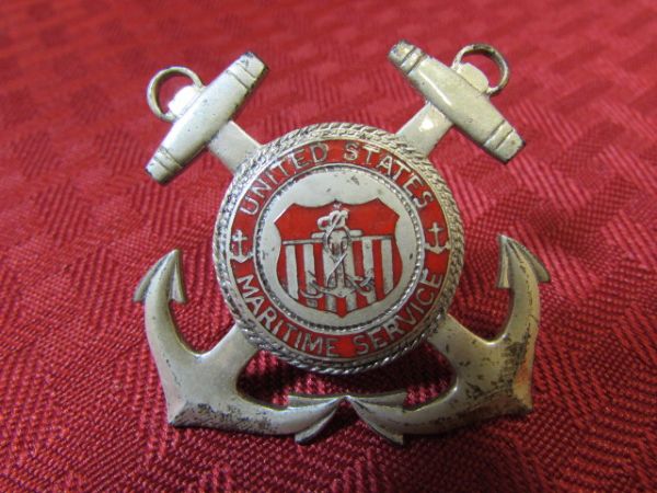 WWII US MARITIME SERVICE STERLING SILVER & CORO ENAMEL CAP BADGE  