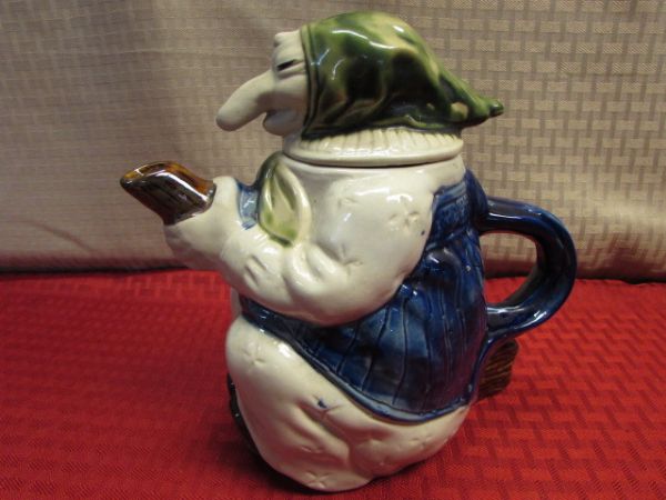 RARE VINTAGE RJ DRINKWATER POTTERY  KITCHEN WITCH TEA POT, ART DECO TOASTER & RUSTIC SHASTA WATER CRATE