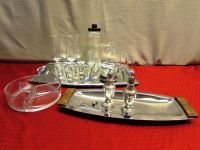 VINTAGE  ACCESSORIES FOR YOUR NEXT PARTY - STERLING SILVER S&P SHAKERS, TWO CHROME TRAYS, GLASS PITCHER, SHAKER & MORE
