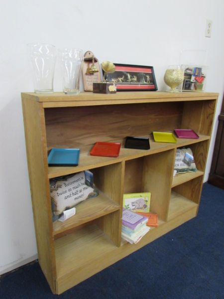 STURDY WOOD SHELF WITH LOTS OF STORAGE,VINTAGE MATCH COLLECTION, BRASS SNUFF BOX & OTHER TREASURES!